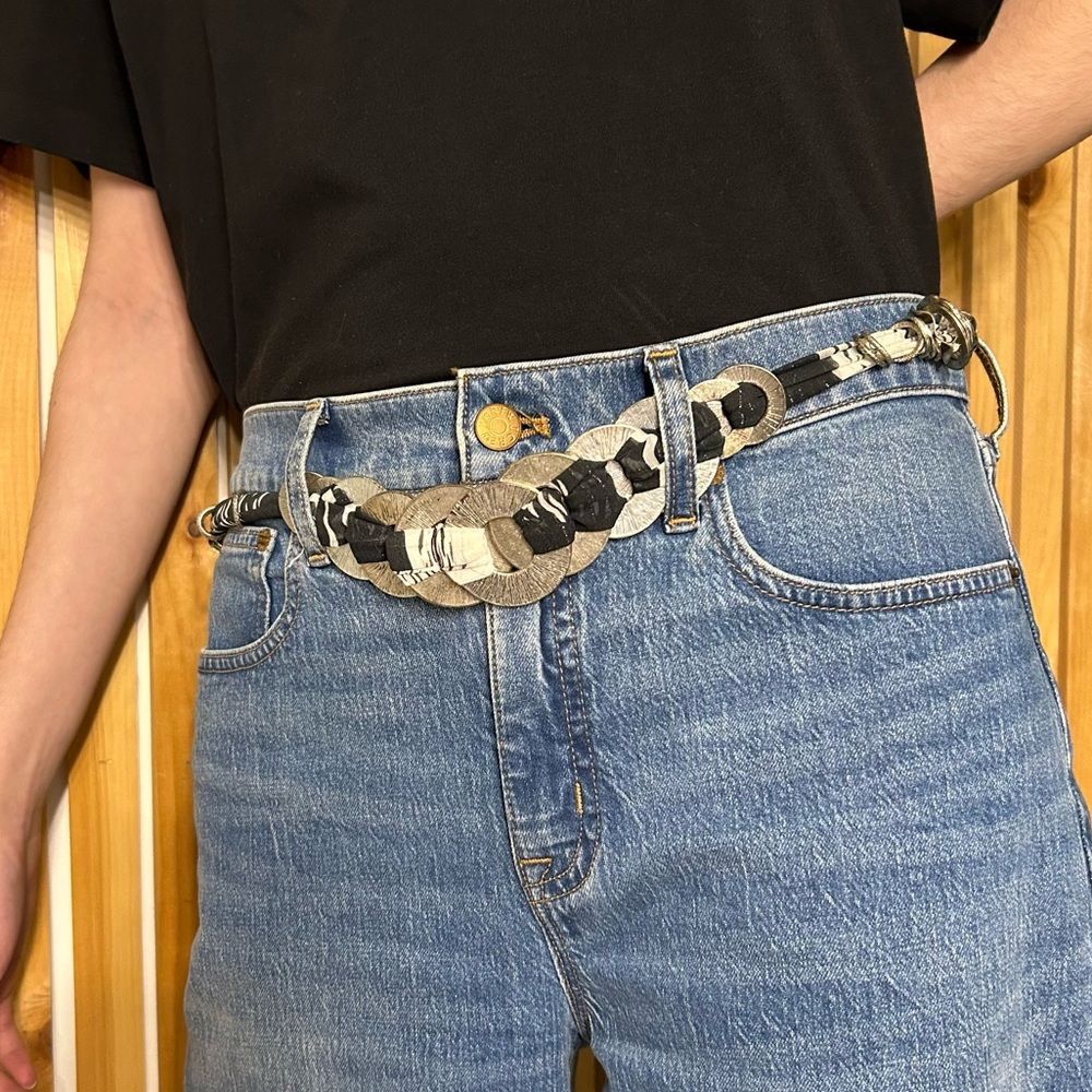 Chico's Silver Black Circle Chain Link Ribbon Belt